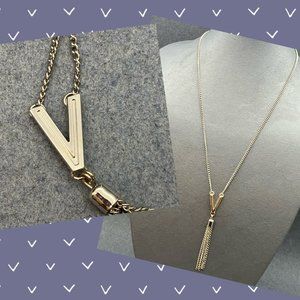 V Monogram Initial Necklace Tassel Chain Chevron Arrow Design Long Chain Retro